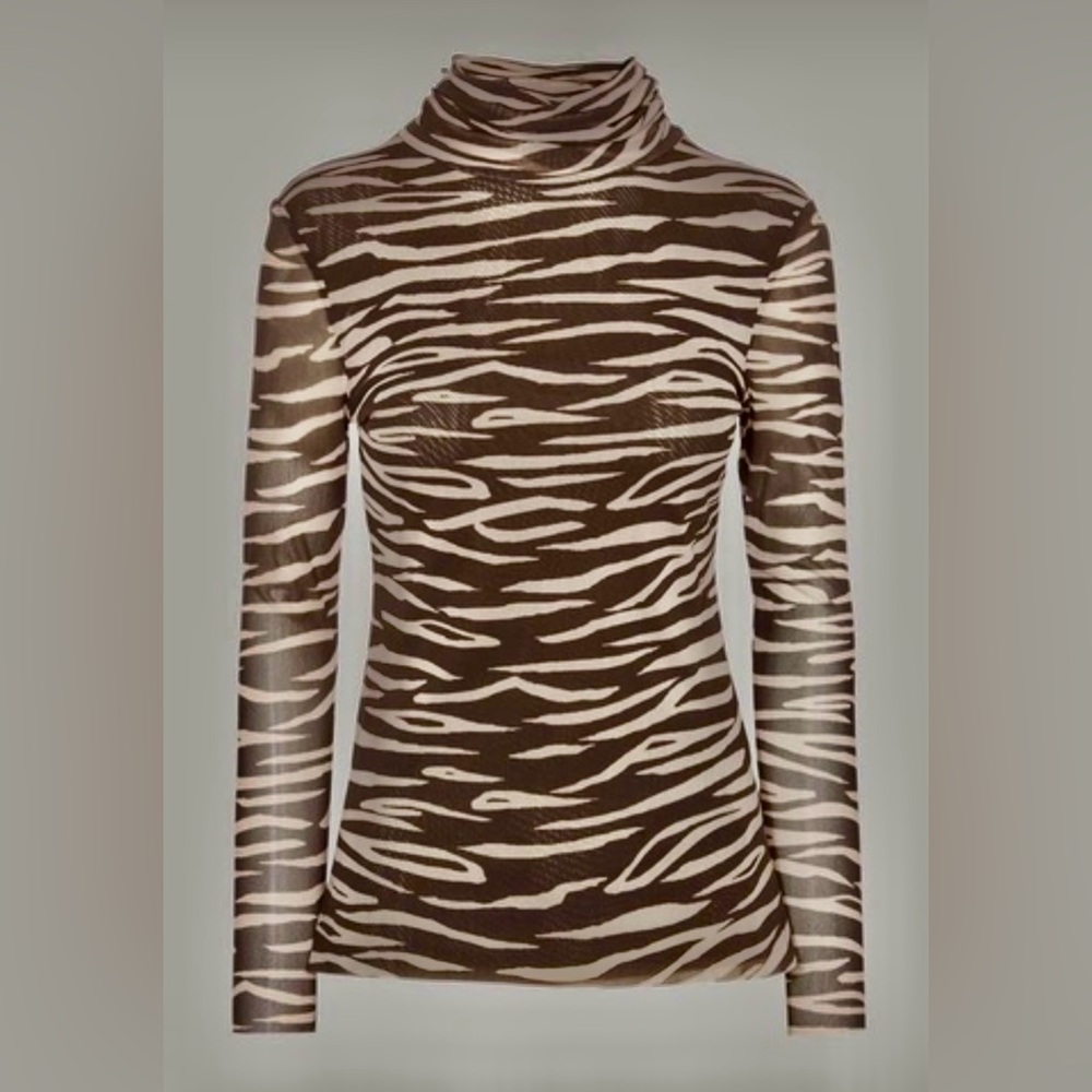 EUC GANNI Tilden Mesh Turtleneck Top Rare Zebra Print EU40 (US8/10) Brown/Cream
